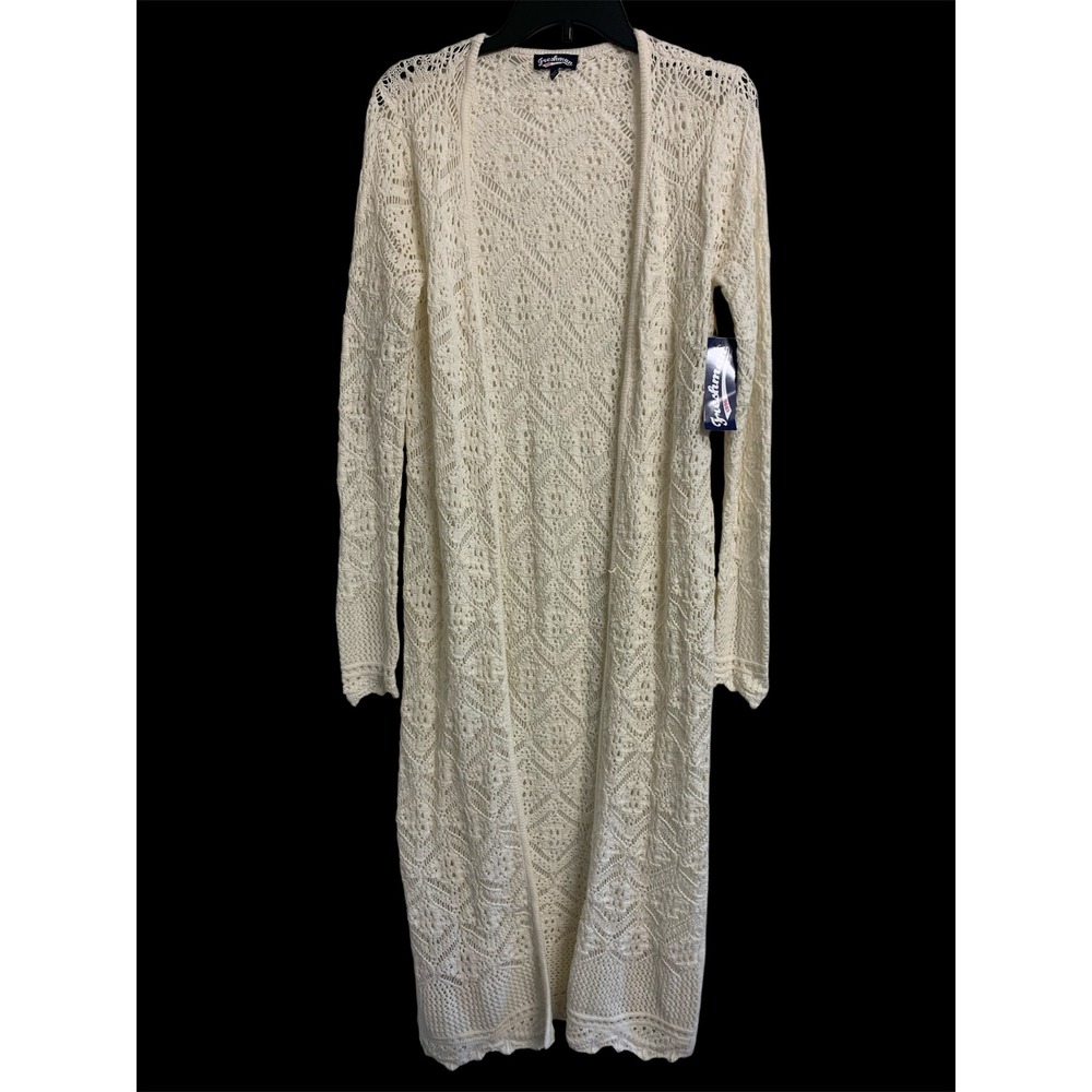 NWT Freshman 1996  Crochet Pointelle Knit‎ Duster Cardigan Longline Open Front S